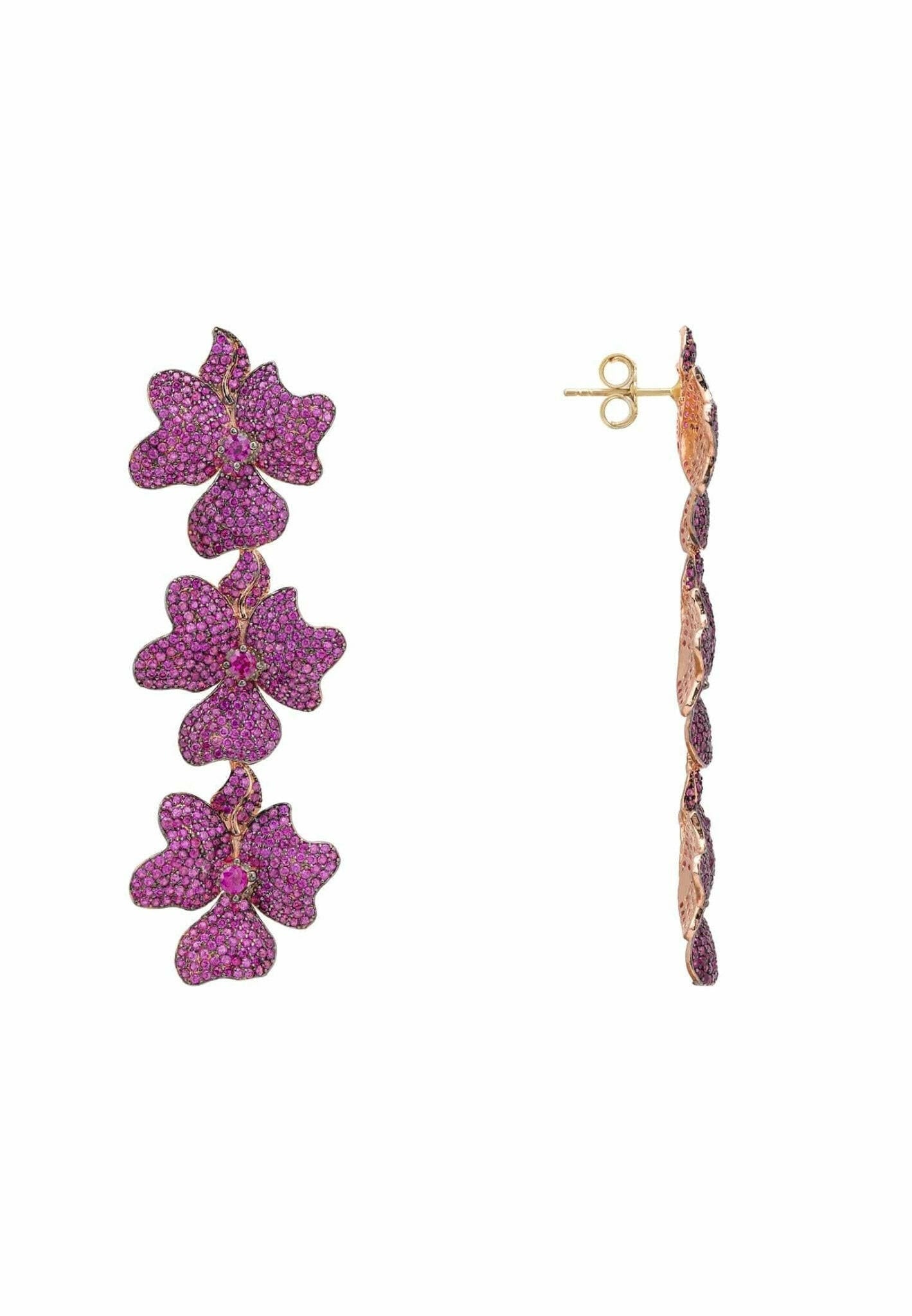 Jasmine Flower Triple Drop Earrings Rosegold Ruby.