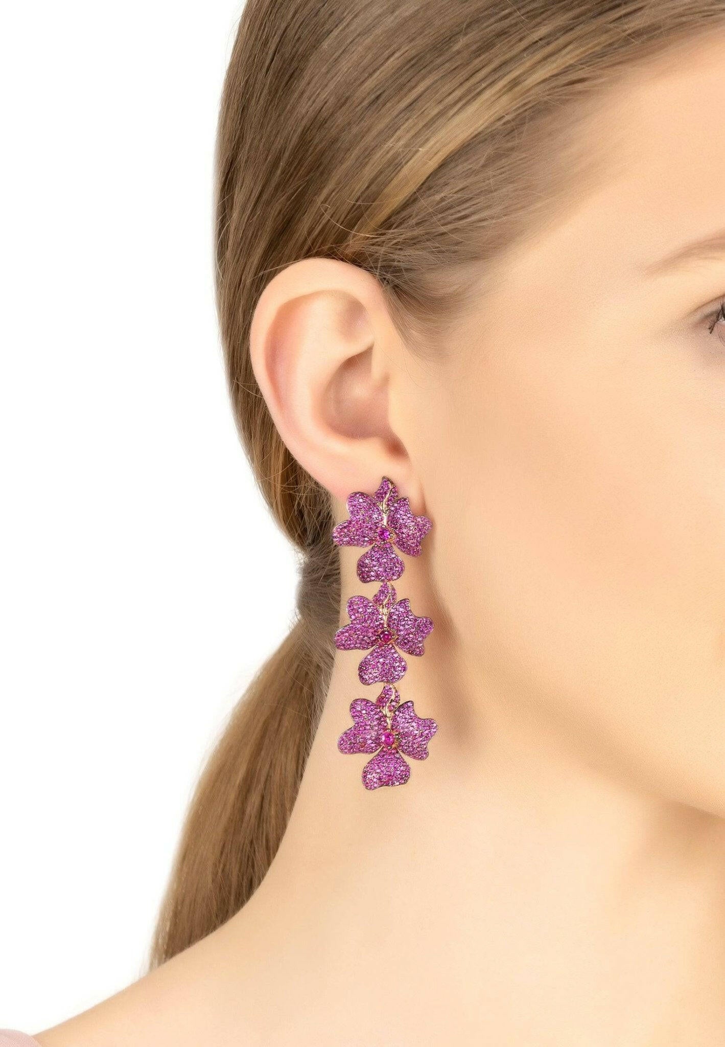 Jasmine Flower Triple Drop Earrings Rosegold Ruby.