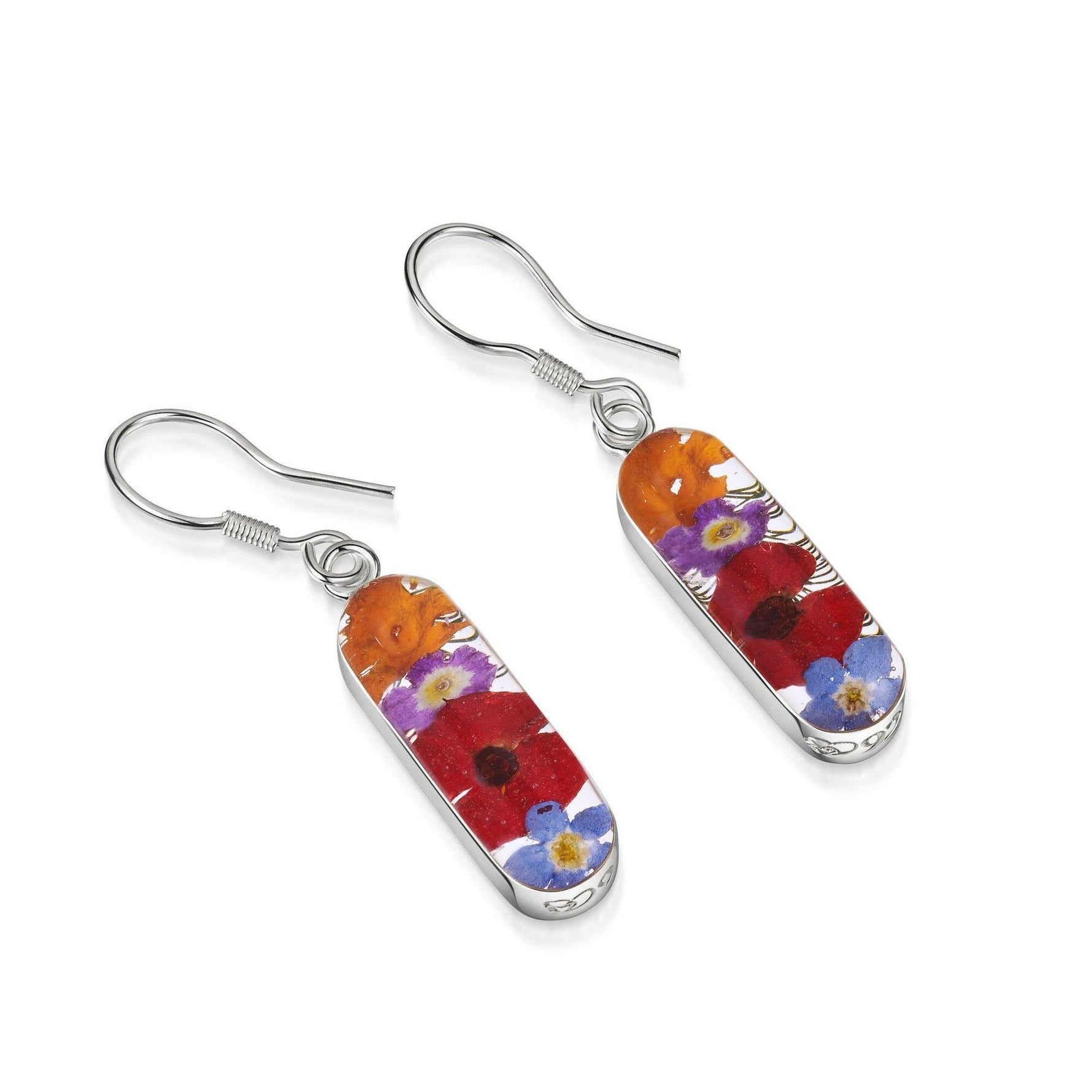 Mixed flower (poppy) drop earrings 'Leela' vertical bar.