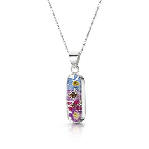 Purple flower necklace 'Leela' vertical bar pendant.