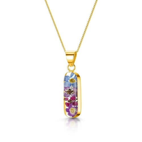 Purple flower necklace 'Leela' vertical bar pendant.