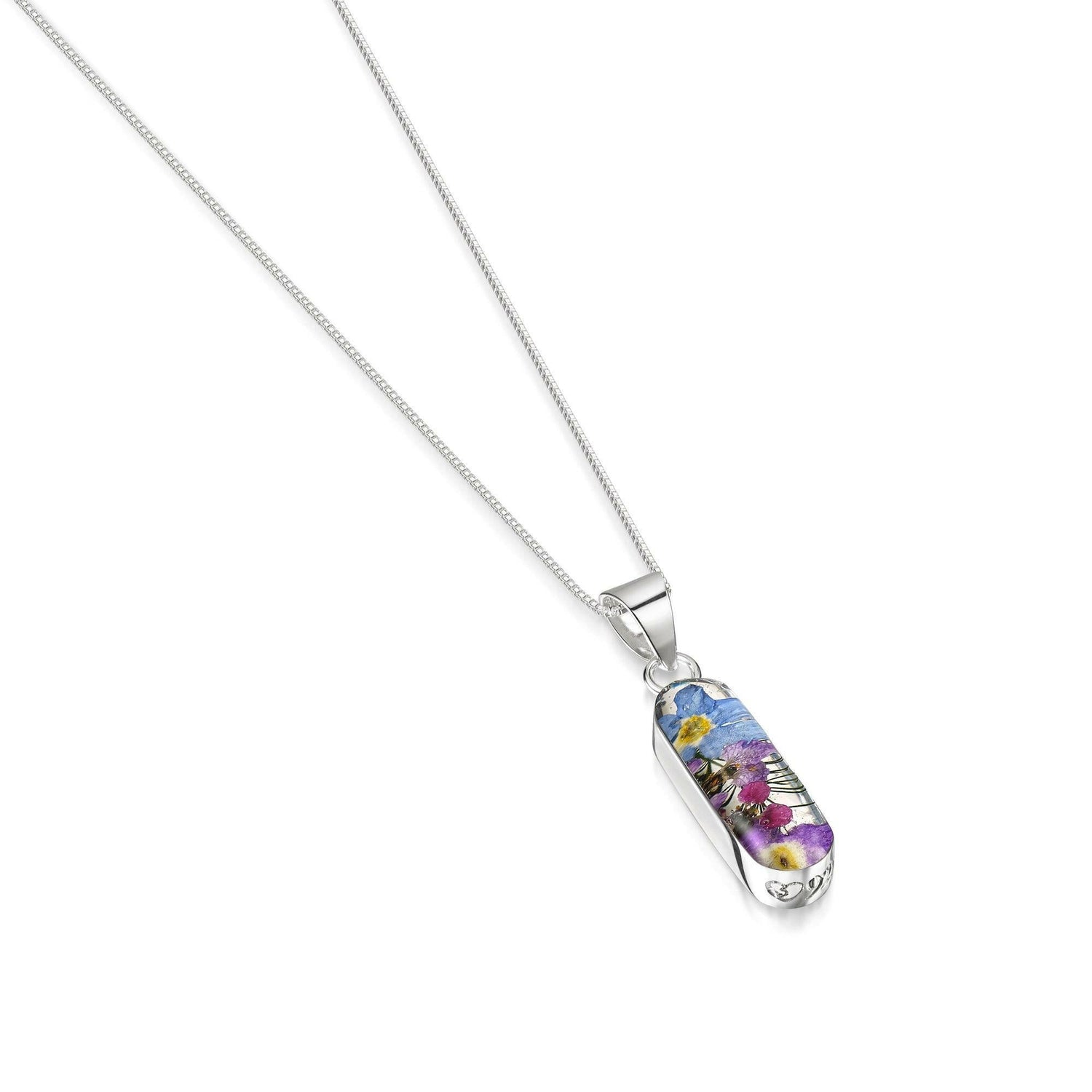 Purple flower necklace 'Leela' vertical bar pendant.