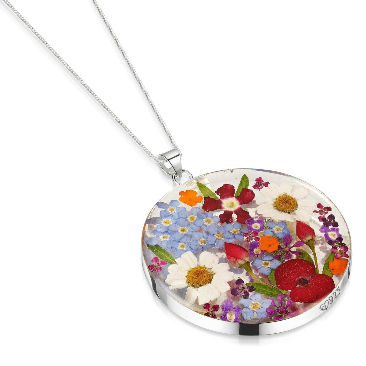 Sterling Silver Full Moon Pendant Necklace - Mixed Flowers.