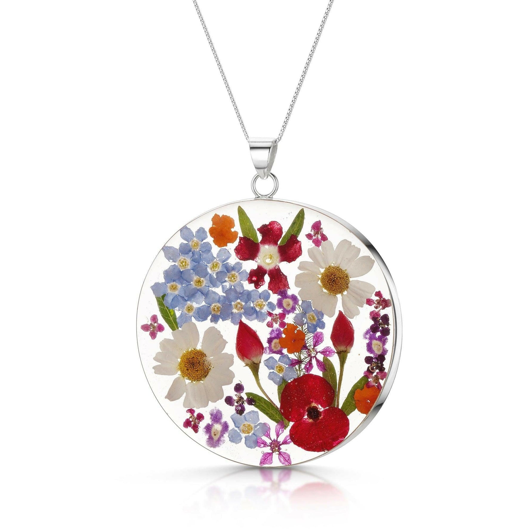 Sterling Silver Full Moon Pendant Necklace - Mixed Flowers.