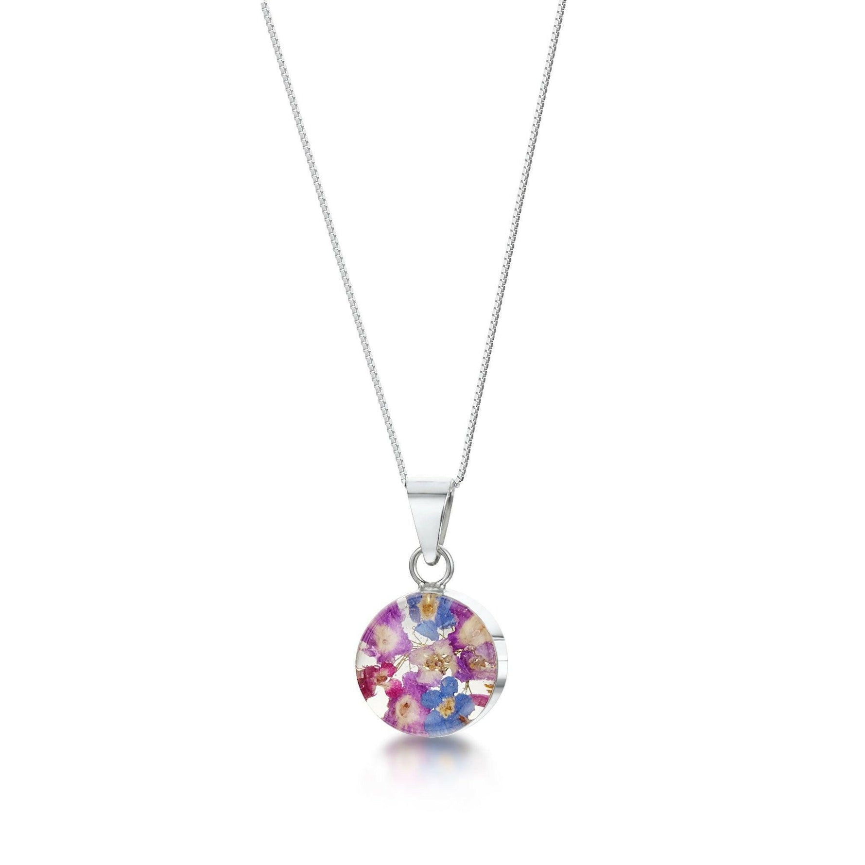 Purple Haze Round Pendant Necklace - Real Flowers, .925 Silver.