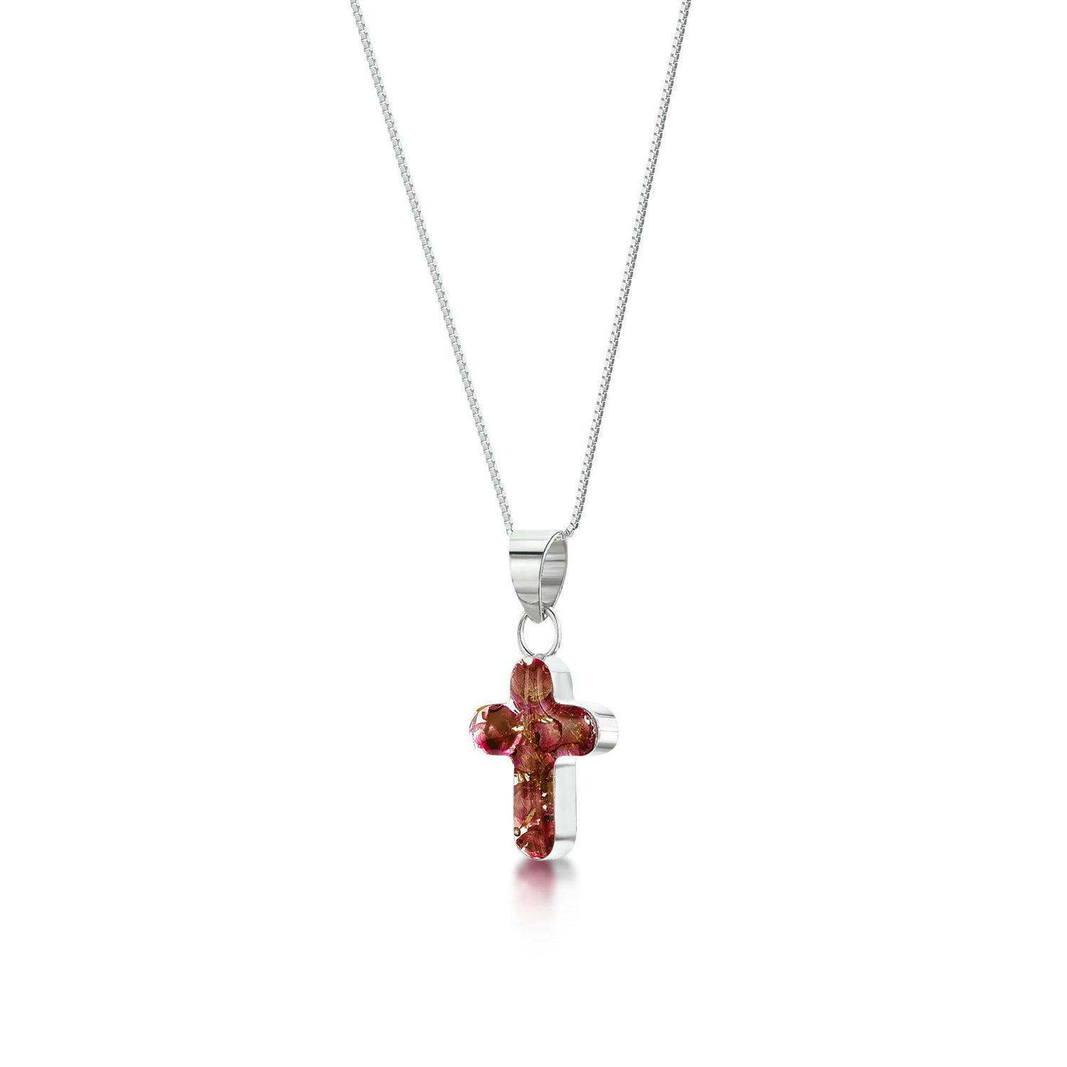 Small Cross Heather Sterling Silver Necklace - Handcrafted Real Flower.