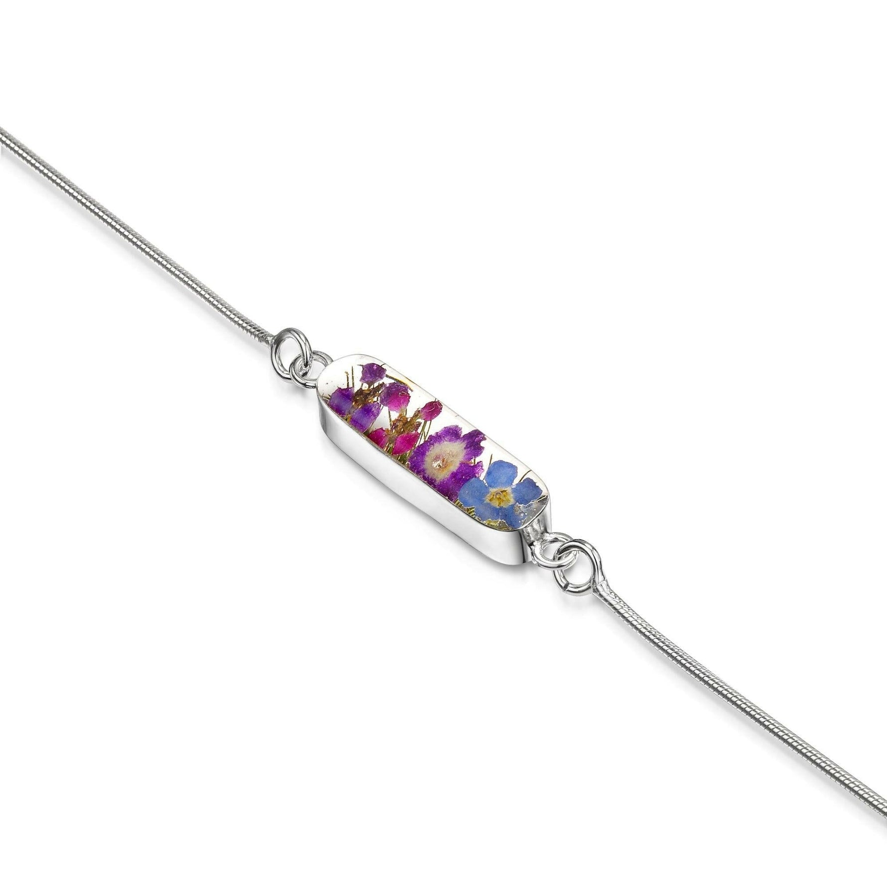 Sterling silver anti tarnish snake bracelet with flower charm - Purple.