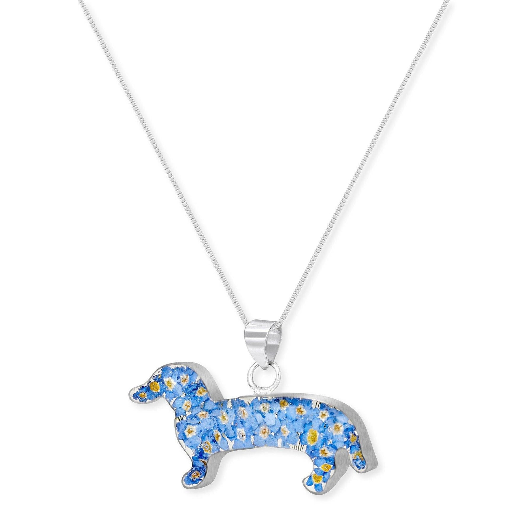 Sterling Silver Dachshund Pendant with Real Forget-Me-Not Flowers.