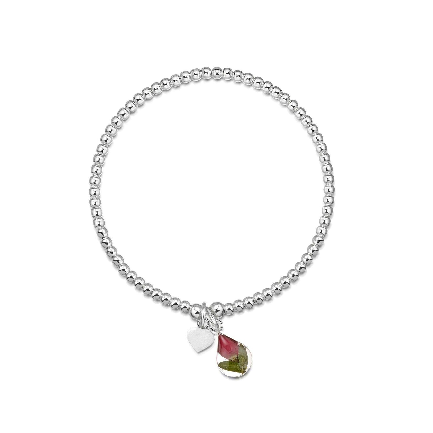 Sterling silver elasticated bead bracelet - Real red rose flower.