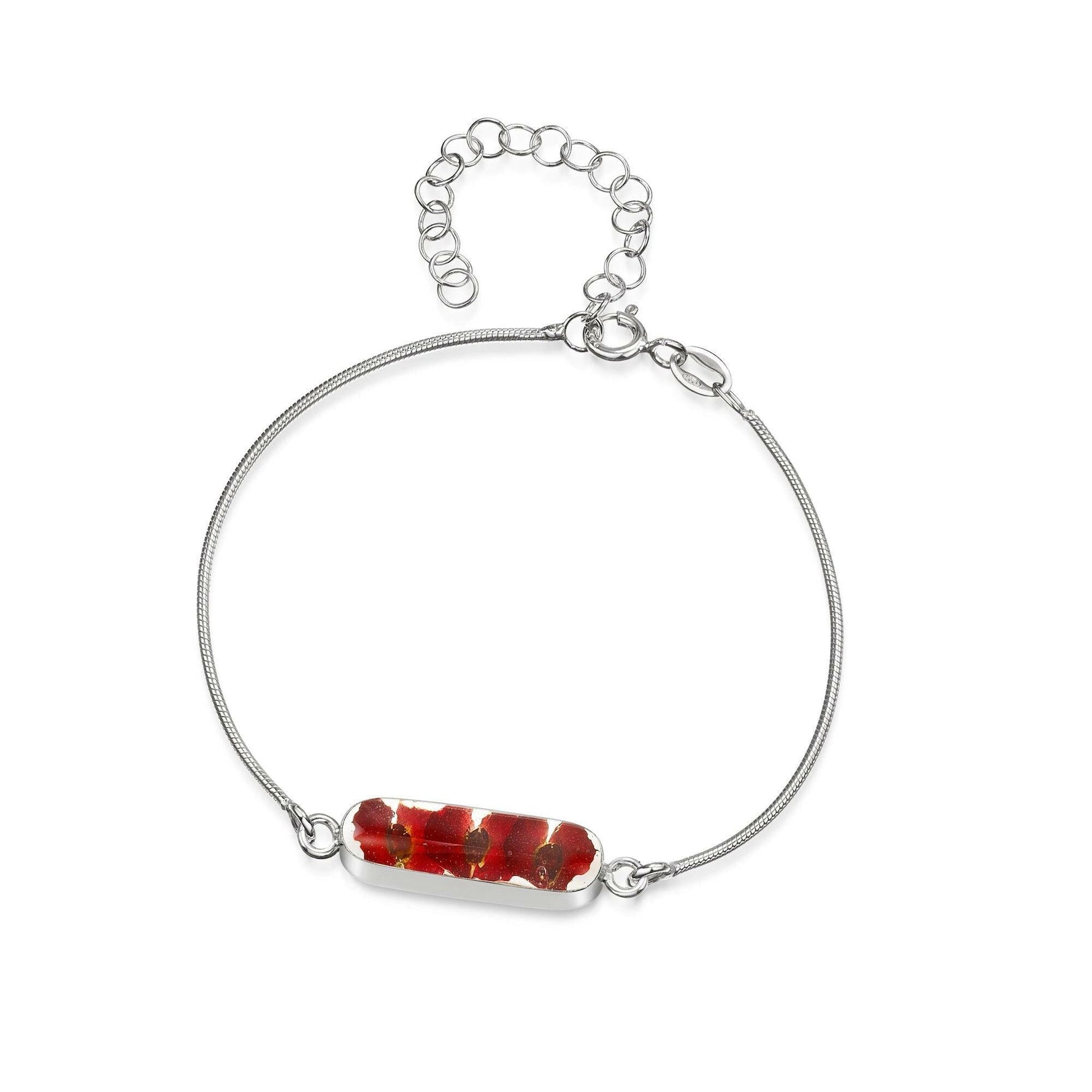 Sterling silver snake bracelet with flower charm - Poppy - Oval.