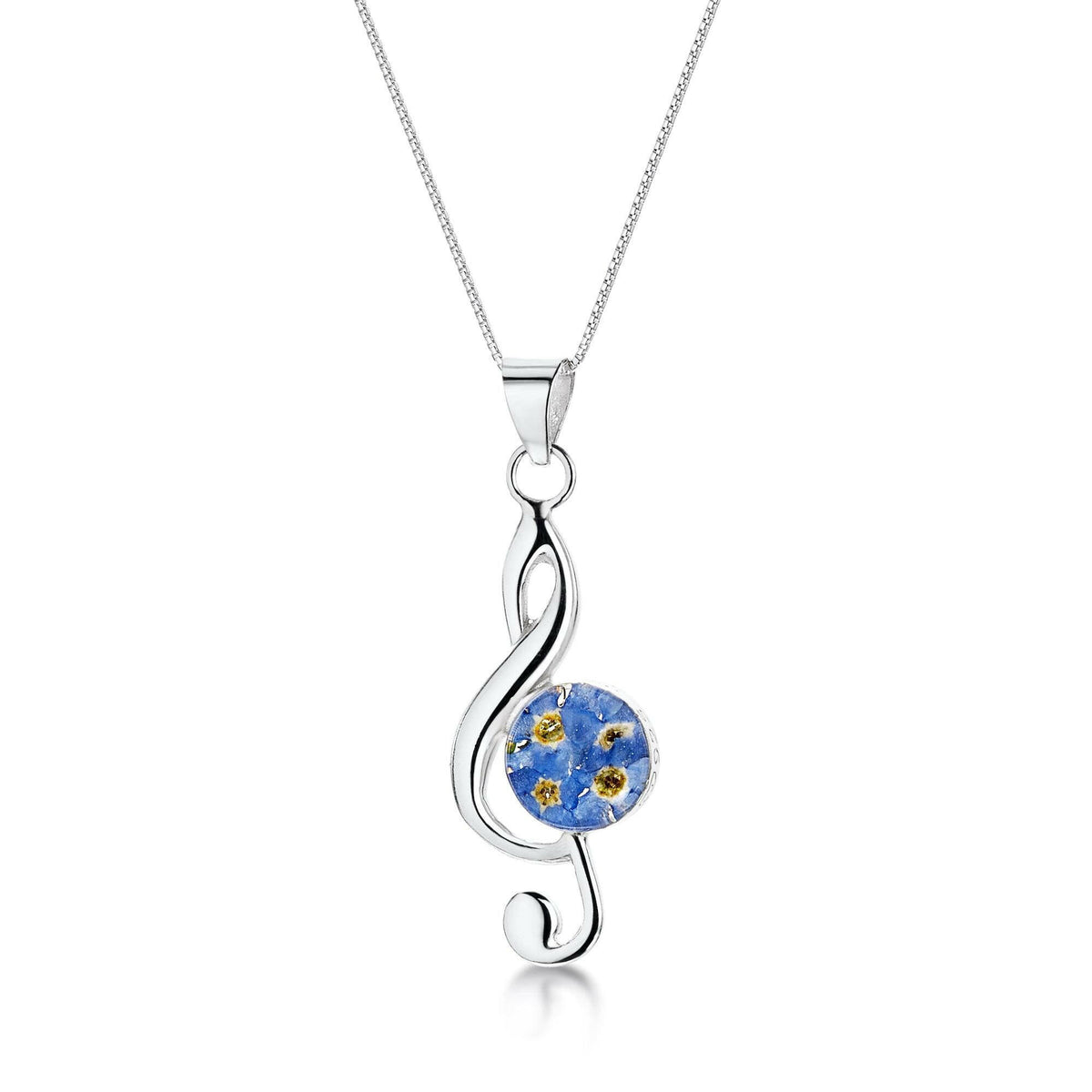 Treble clef musical note necklace with real forget-me-not flowers.