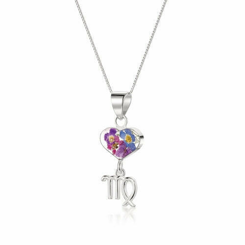 Virgo Necklace - Sterling silver pendant with real flowers & a zodiac.