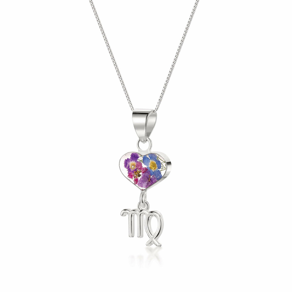 Virgo Necklace - Sterling silver pendant with real flowers & a zodiac.