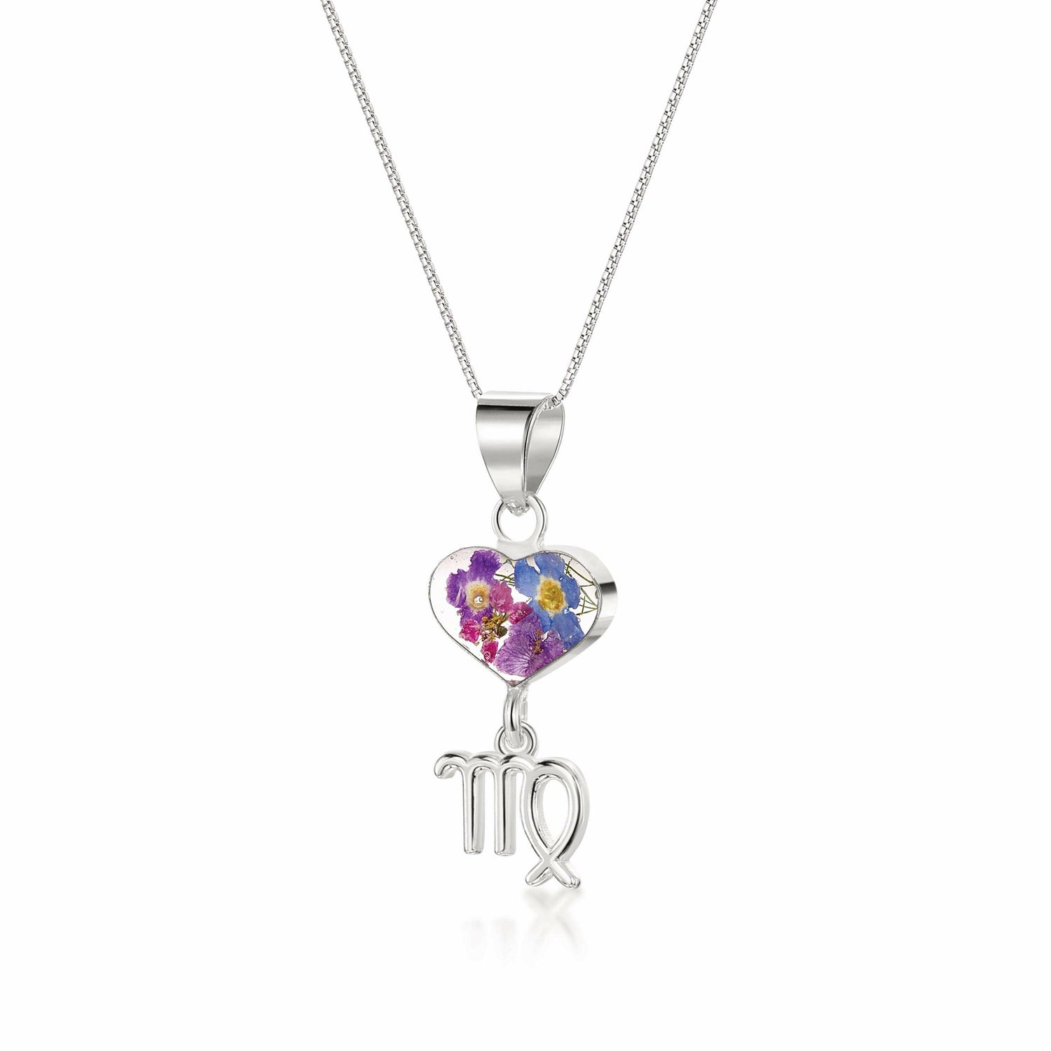 Virgo Necklace - Sterling silver pendant with real flowers & a zodiac.