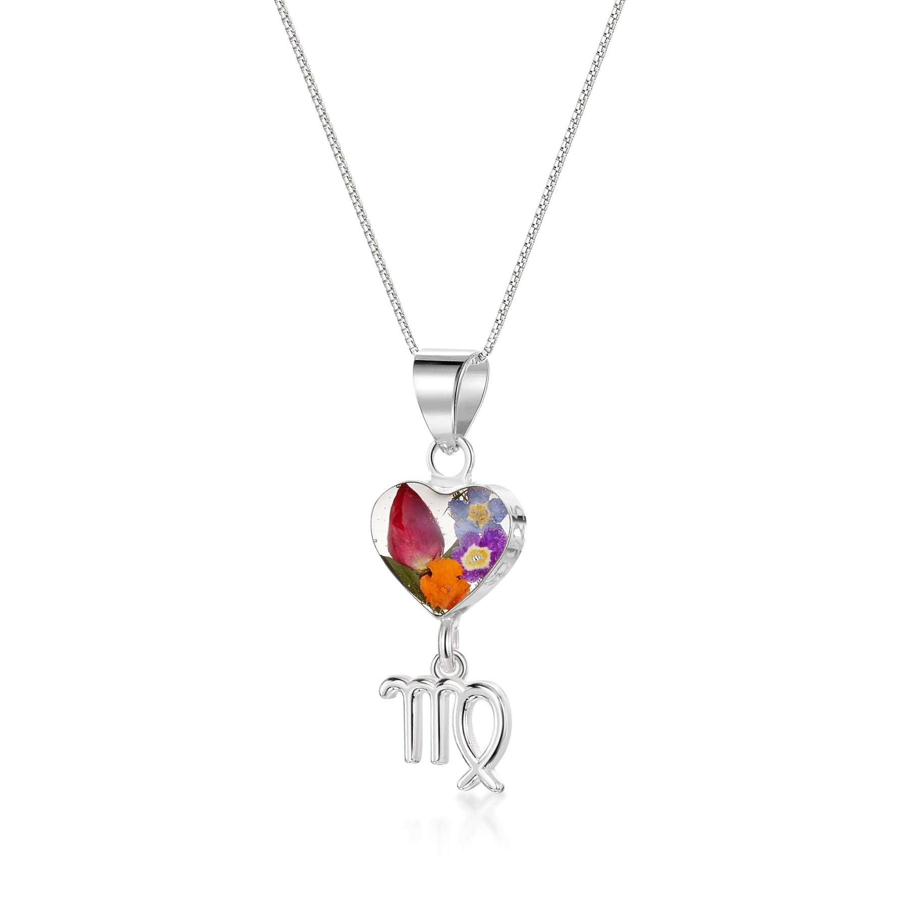 Virgo Necklace - Sterling silver pendant with real flowers & a zodiac.