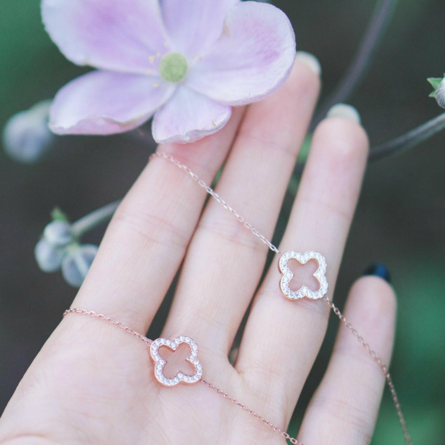 Open Clover Long Necklace Rosegold.